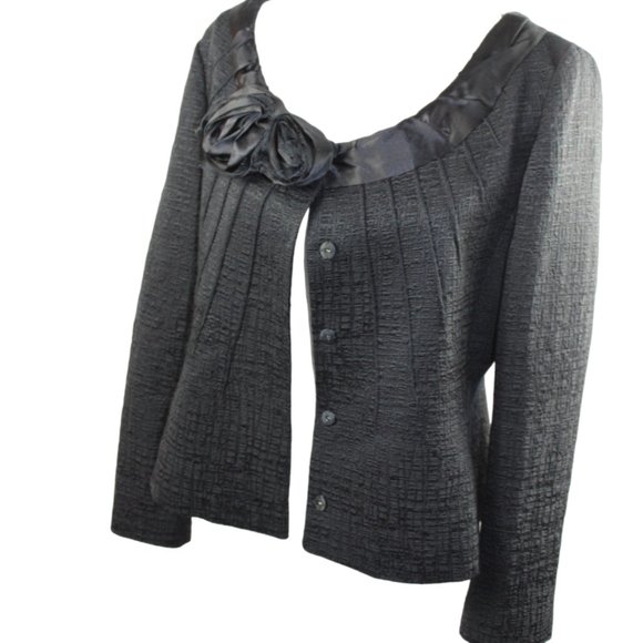 Elie Tahari Sabrina Rose Embellished Black Texture Suit Jacket, Size Lar… - Picture 5 of 12